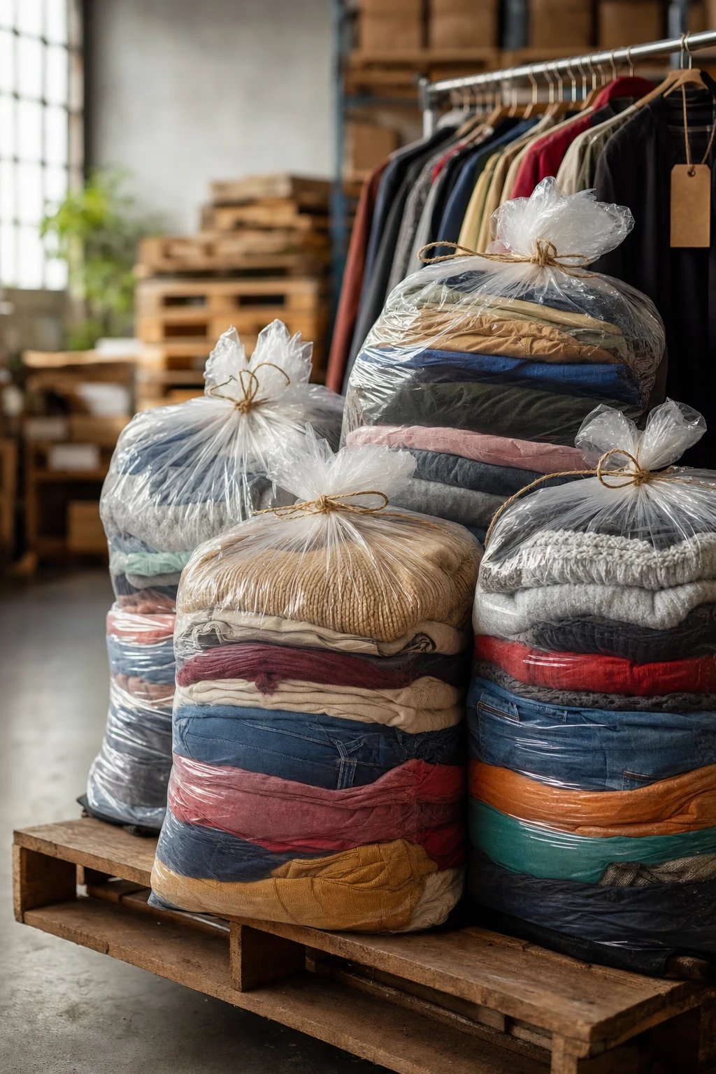 Tied 20–30 kg-os zsákok és lógó pamut ruhák raktári háttérrel